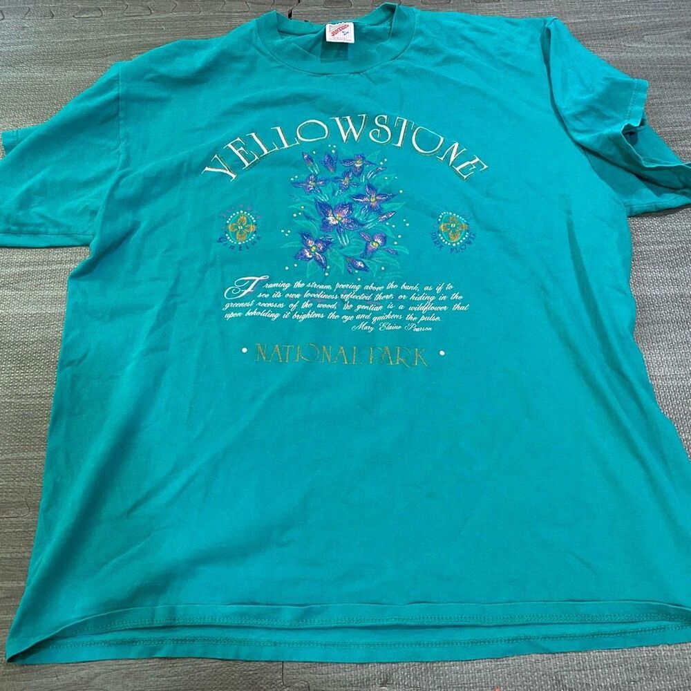 Vintage y2k Yellowstone national park blue wildflower jerzees t shirt size xl ma
